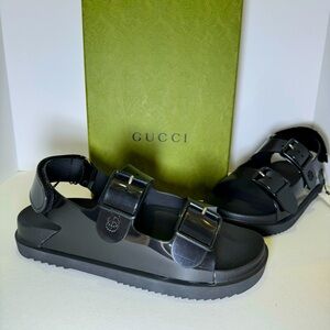 GUCCI Isla Flat Rubber Sandals Women’s Double G Black Size 40 US 9
